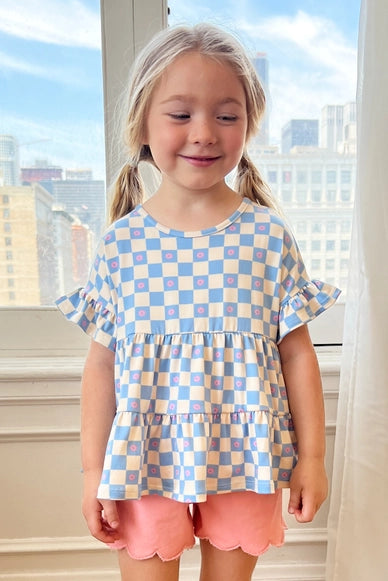 Kids Flower Checker Print Ruffle Top