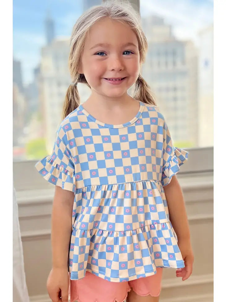 Kids Flower Checker Print Ruffle Top