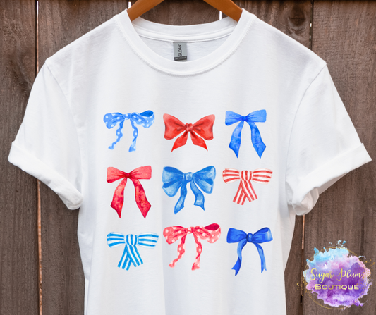 Youth Coquette Multi-Bow Red, White and Blue Shirt: PREORDER