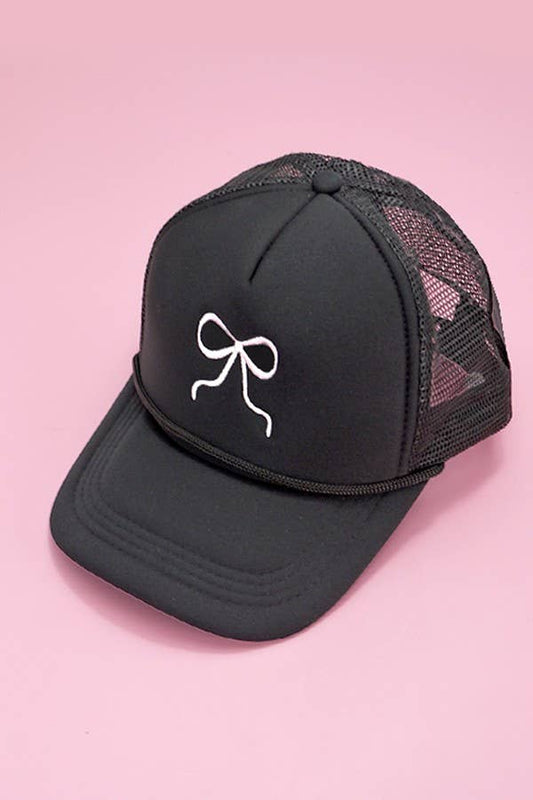 EMBROIDERY RIBBON BOW TRUCKER HAT CAP | 40HW718: Black