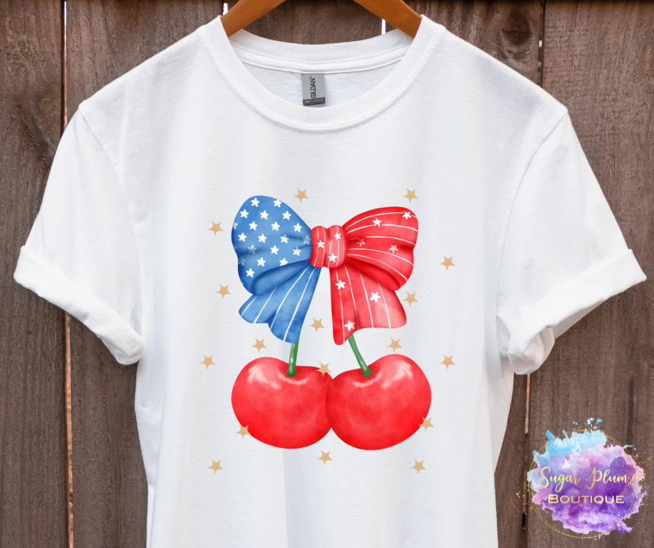 Adult Cherry with Bow Red, White and Blue Shirt: PREORDER