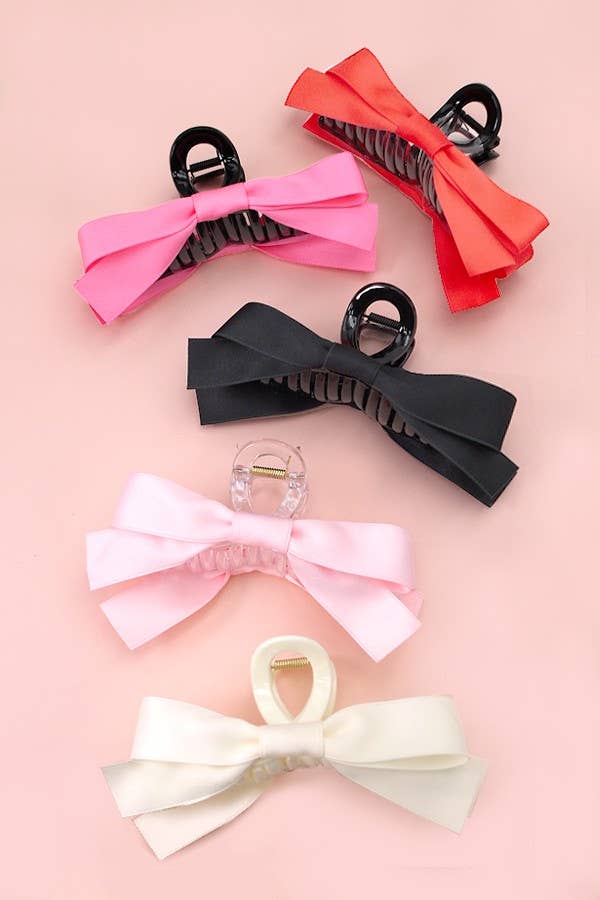 LARGE SILKY RIBBON BOW HAIR CLAW CLIPS : Pink