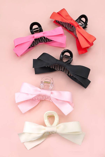 LARGE SILKY RIBBON BOW HAIR CLAW CLIPS : Black