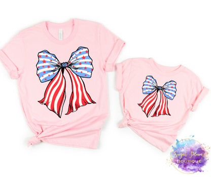 Youth Coquette Large Flag Bow Red, White and Blue Shirt: PREORDER