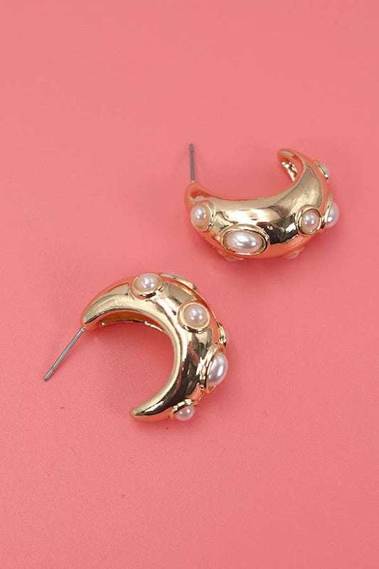 STUDDED PEARL HOOP EARRINGS | 80E2359: Gold