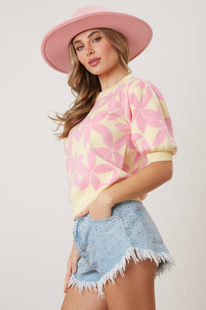 Pink and Yellow Floral Puff Sleeve Sweater