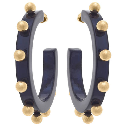 Kelley Studded Metal and Resin Hoop Earrings: Black