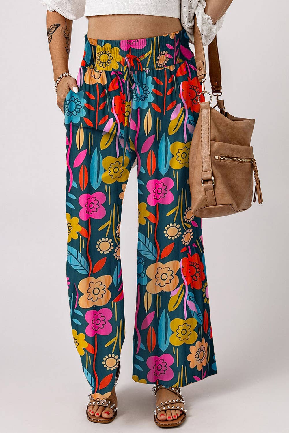 Elastic Waist Casual Wide Leg Floral Pants|Multicolor