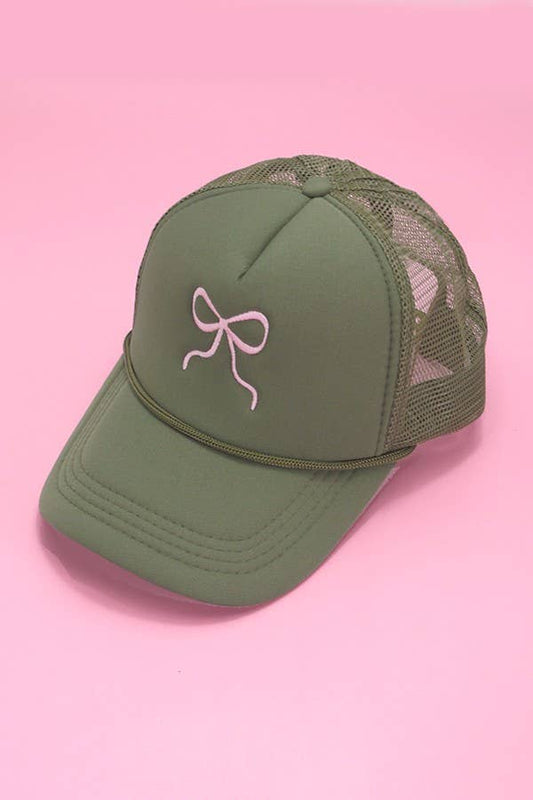 EMBROIDERY RIBBON BOW TRUCKER HAT CAP | 40HW718: Olive