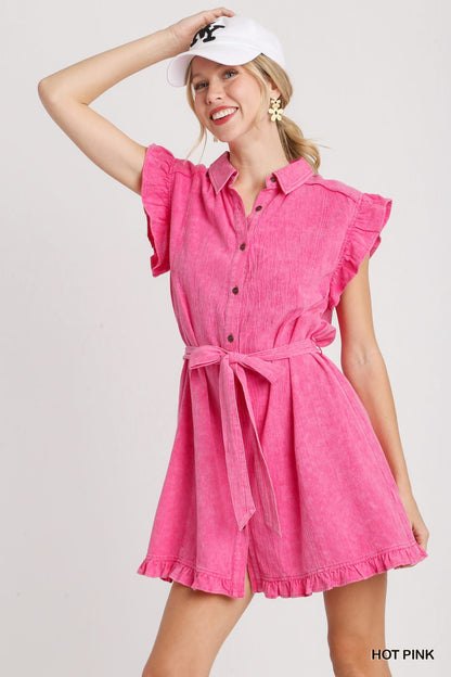 Washed Belted Ruffle Dress