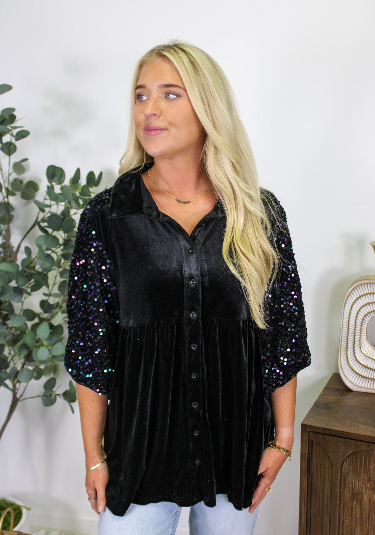 Black Sequin Peplum Top RTS