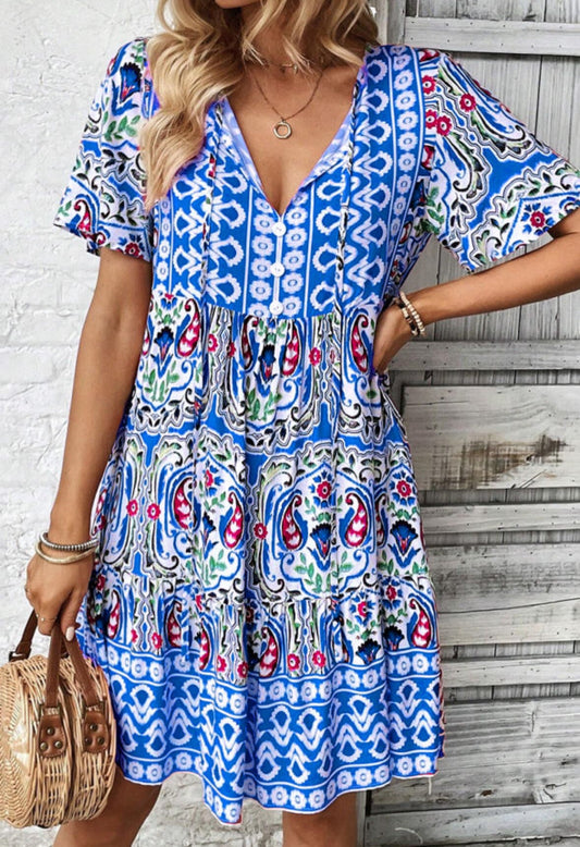 Blue Boho Print Short Dress RTS