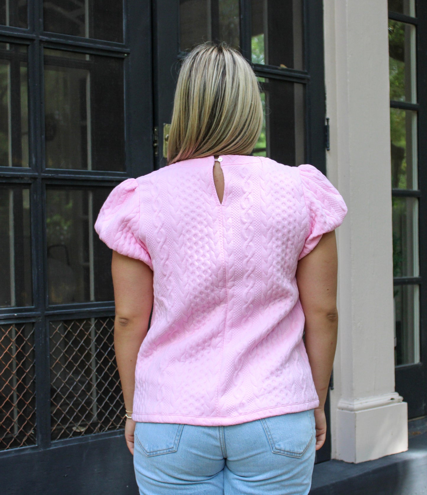 Pink Textured Puff Sleeve Top RTS