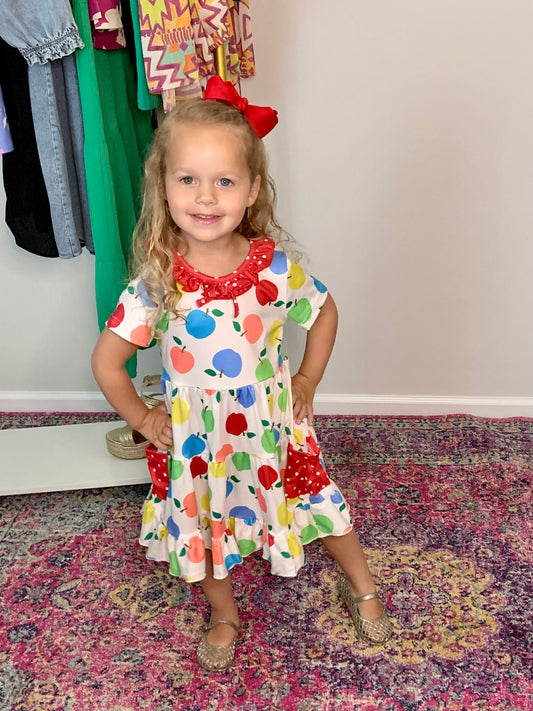 Back to School Apple Pocket Girl Dress