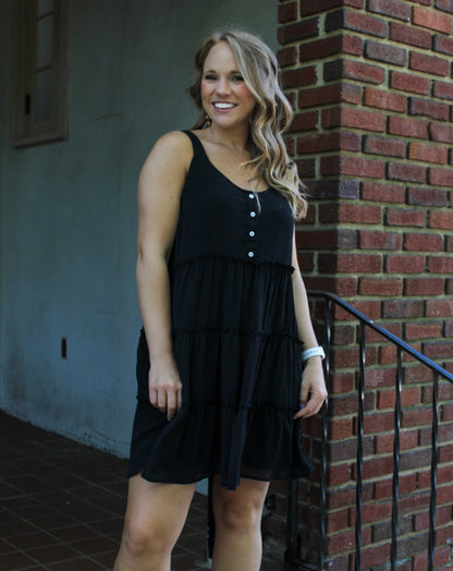 Black Button Mini Dress RTS