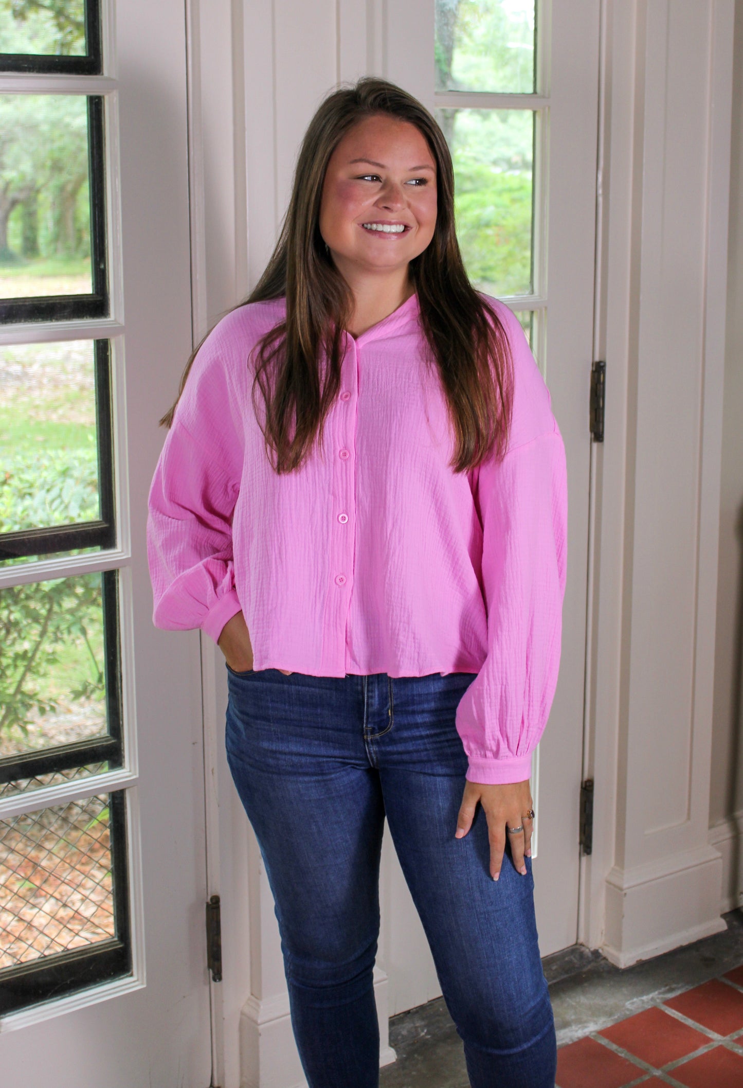 Pink Crinkle Button Up RTS