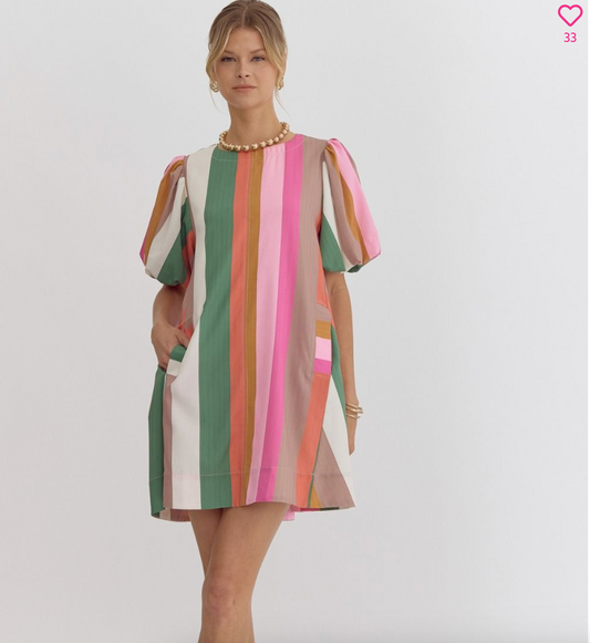 Multicolor Striped Bubble Sleeve Dress