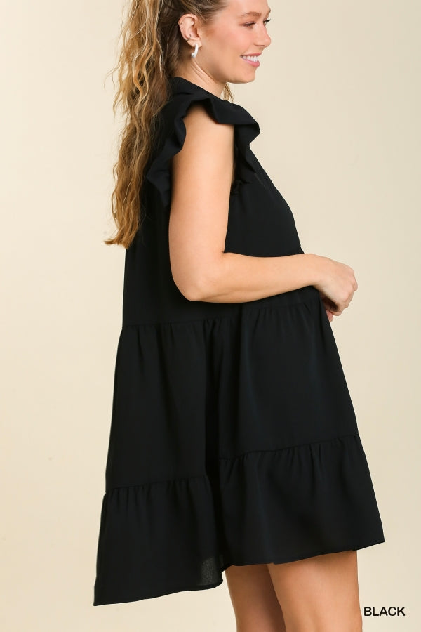 Tiered Short Dress with Flutter Sleeves & Collar