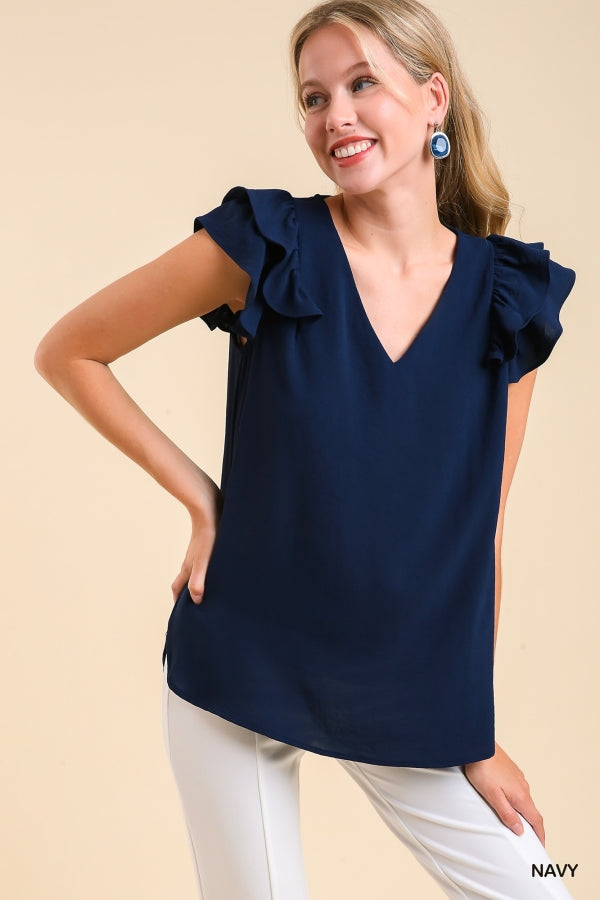 V-Neck Double Layered Flutter Sleeve Blouse: Multiple Colors