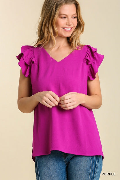 V-Neck Double Layered Flutter Sleeve Blouse: Multiple Colors