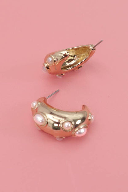 STUDDED PEARL HOOP EARRINGS | 80E2359: Gold