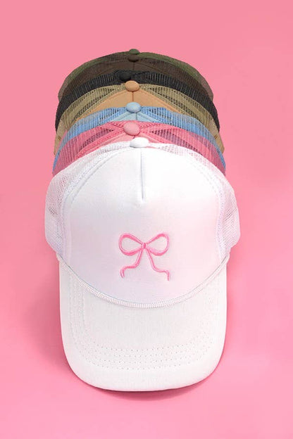 EMBROIDERY RIBBON BOW TRUCKER HAT CAP | 40HW718: Black