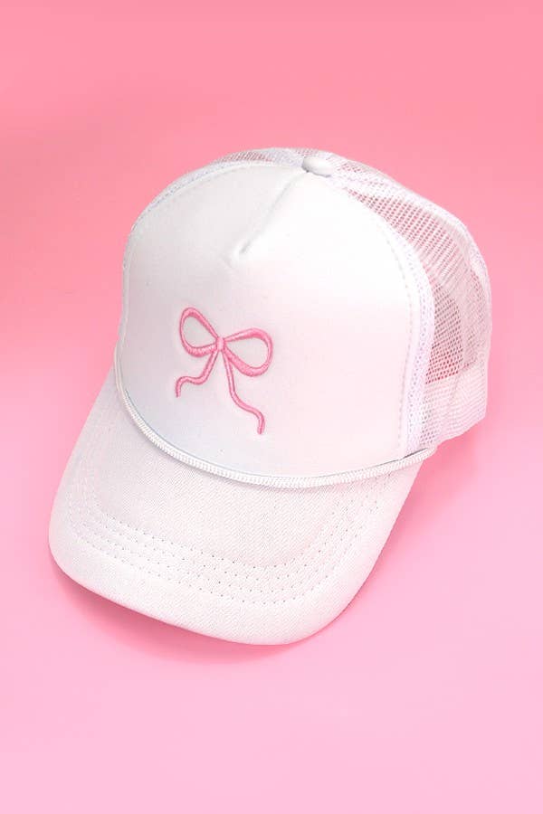 EMBROIDERY RIBBON BOW TRUCKER HAT CAP | 40HW718: White