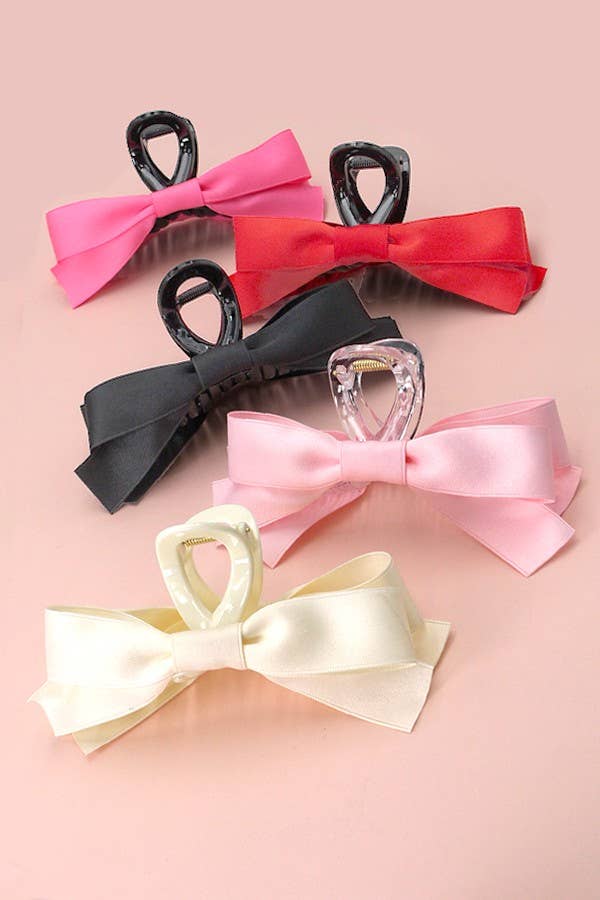 LARGE SILKY RIBBON BOW HAIR CLAW CLIPS : Black