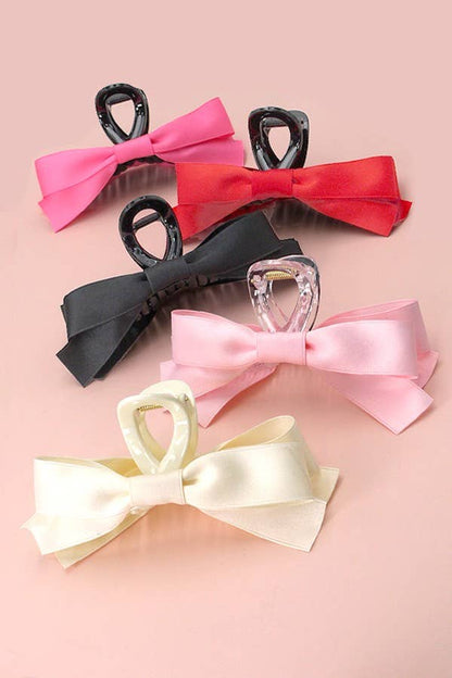 LARGE SILKY RIBBON BOW HAIR CLAW CLIPS : Black