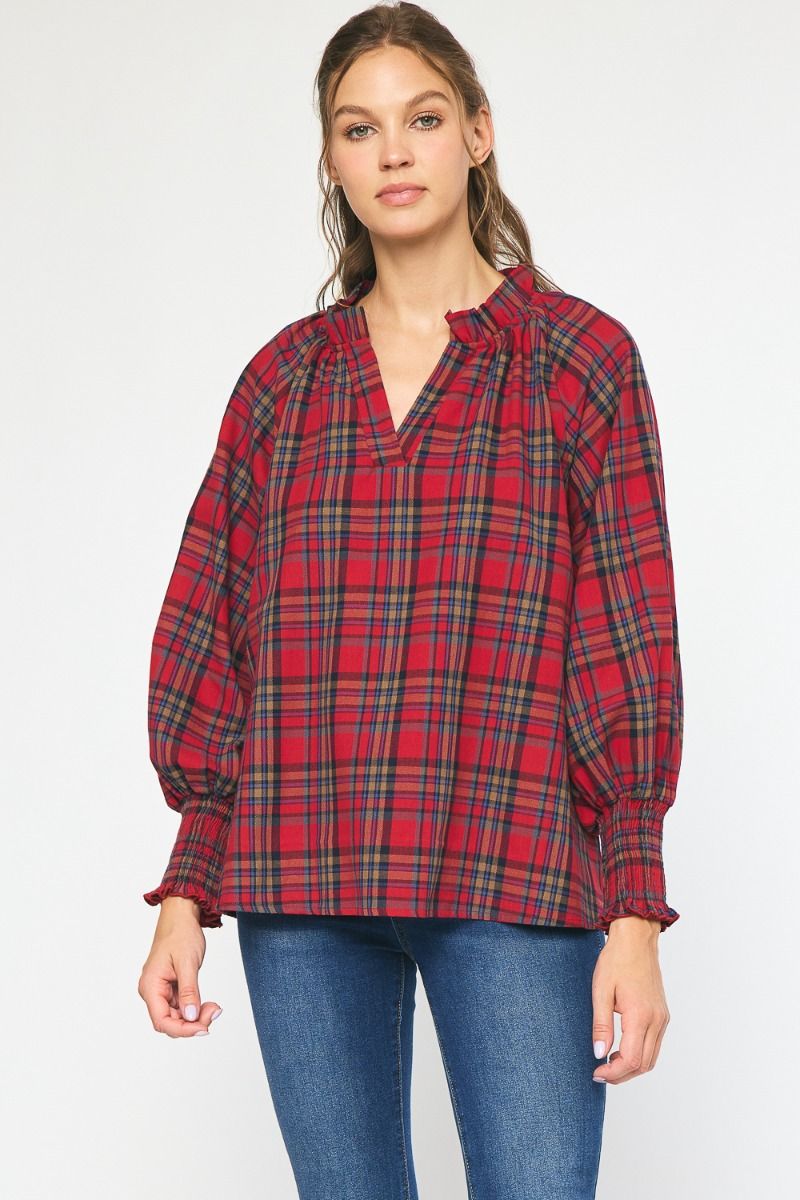 Red Plaid Long Sleeve Top