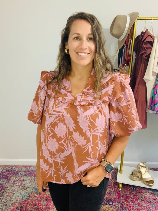 Leaf Print V-Neck Top