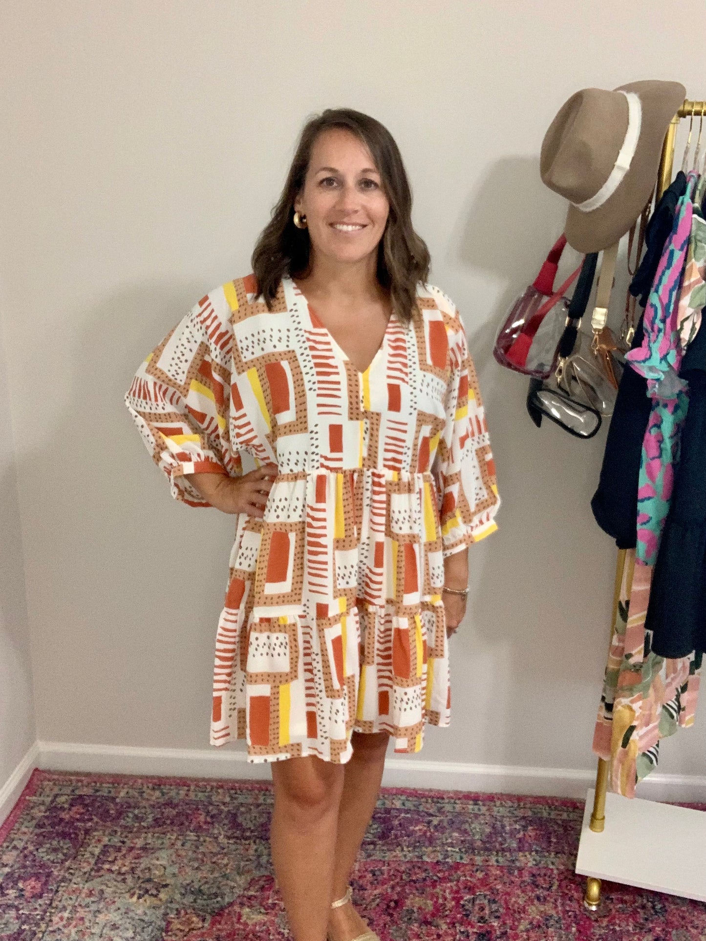 Printed v-neck 3/4 sleeve mini dress-Rust