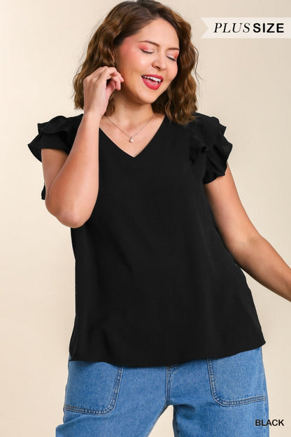 V-Neck Double Layered Flutter Sleeve Blouse: Multiple Colors