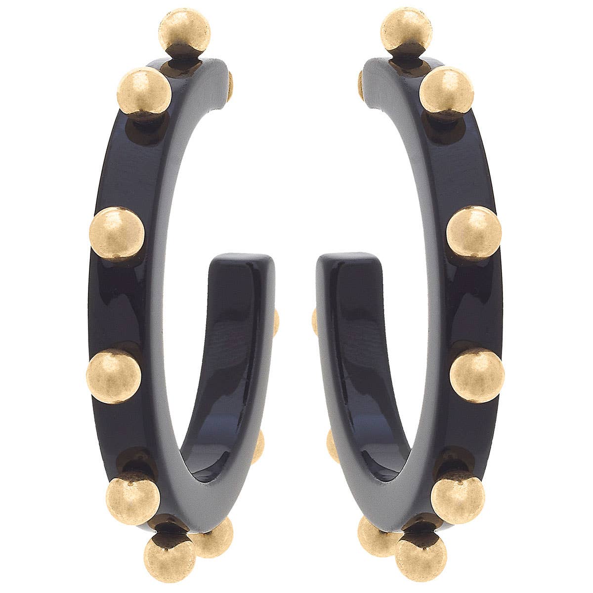 Kelley Studded Metal and Resin Hoop Earrings: Black