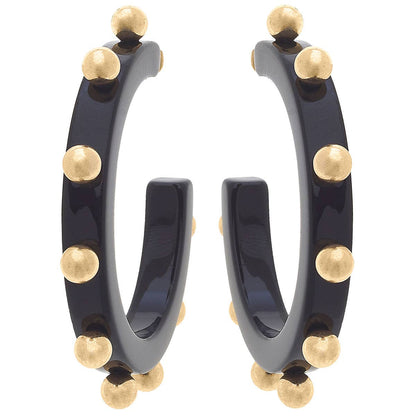 Kelley Studded Metal and Resin Hoop Earrings: Black