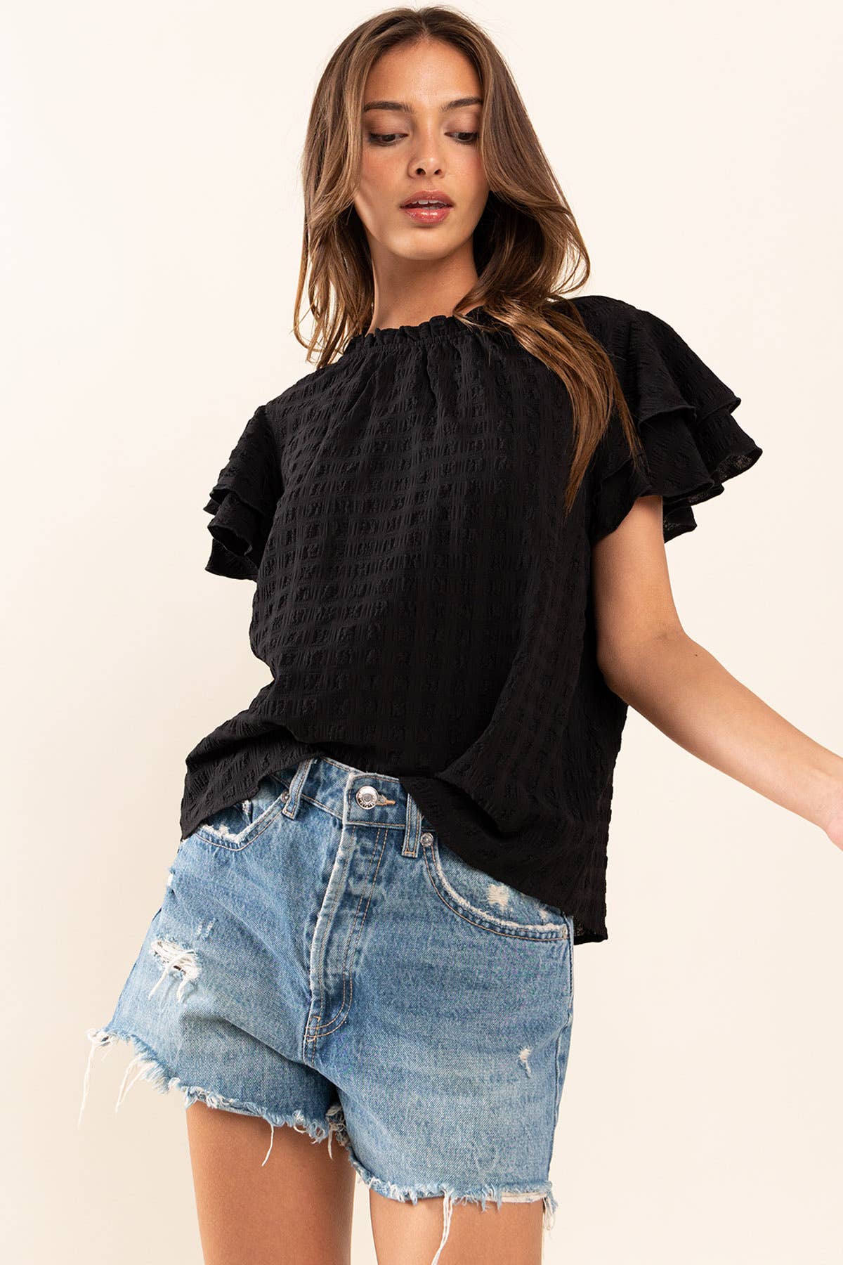 Staple Item: Textured Double Ruffle Short Sleeve Top