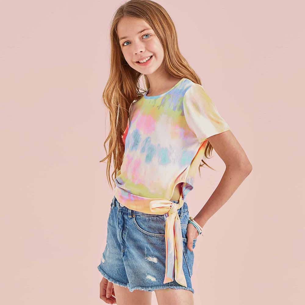 Girls Tie Dye Waist Tie Knit Top