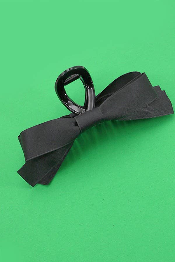 LARGE SILKY RIBBON BOW HAIR CLAW CLIPS : Black