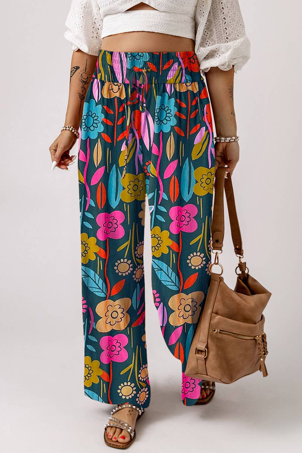 Elastic Waist Casual Wide Leg Floral Pants|Multicolor