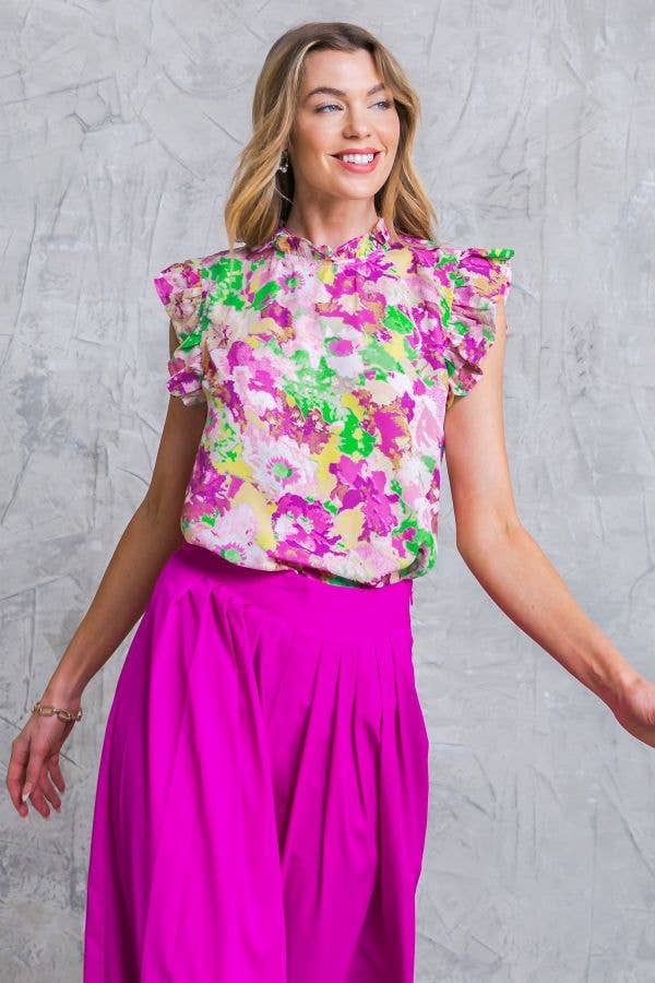 A Printed Woven Top with Ruffled Edge